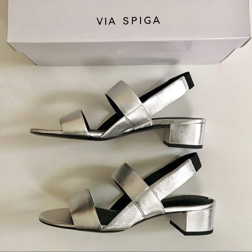 NWT Leather Block Heels Silver Metallic 8.5